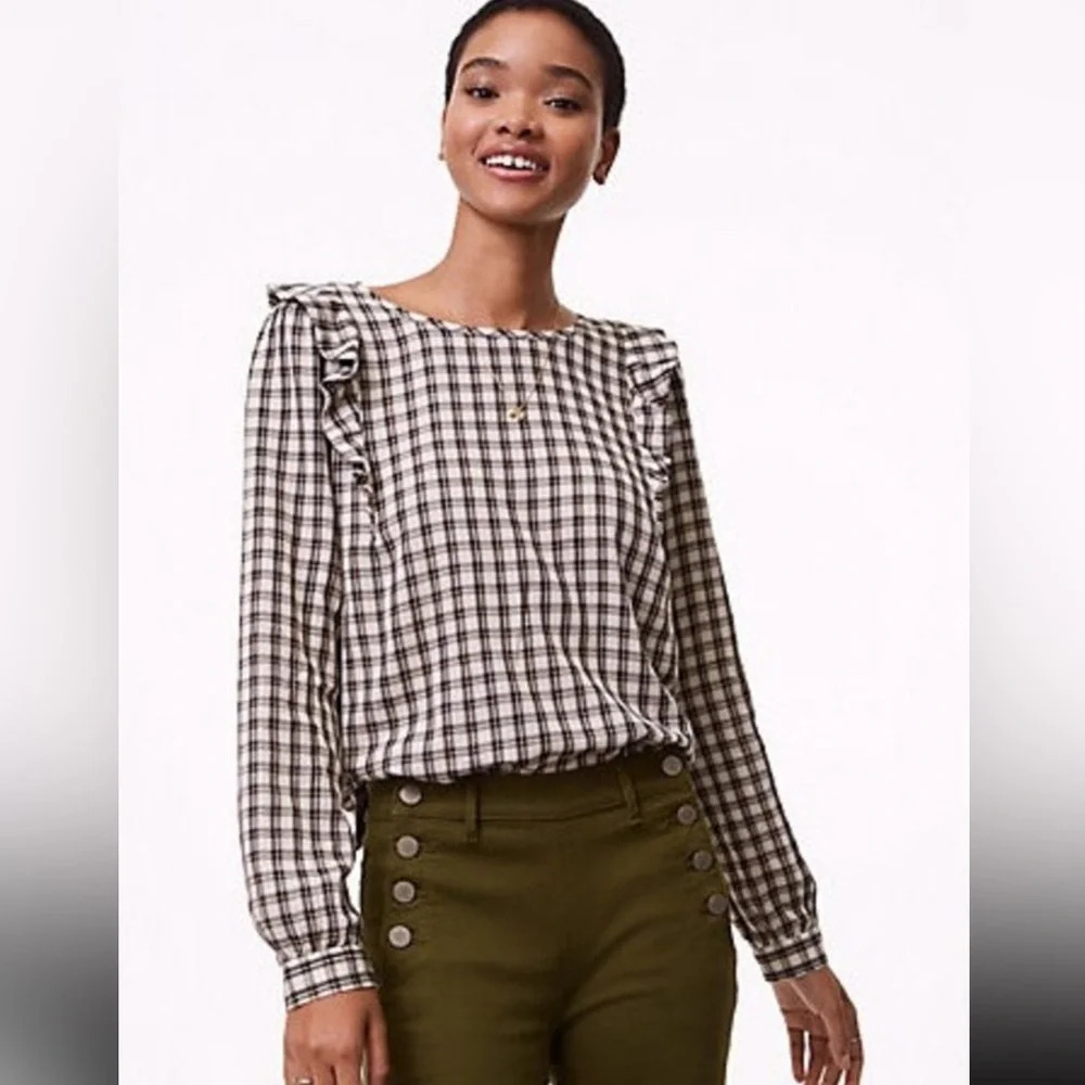 LOFT Ruffle Sleeve Plaid Blouse size XS Petite